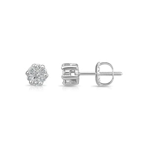Stunning 14K White Gold 0.25 Carat Diamond Cluster Screw-Back Stud Earrings.