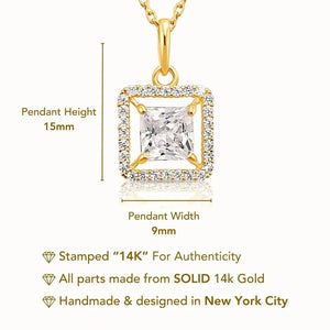 Stunning 14K Yellow Gold Princess-Cut Halo Pendant Necklace.