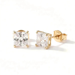 Stunning 14K Yellow Gold Square Zirconia Stud Earrings with Secure Butterfly Pushbacks - Unisex Style.