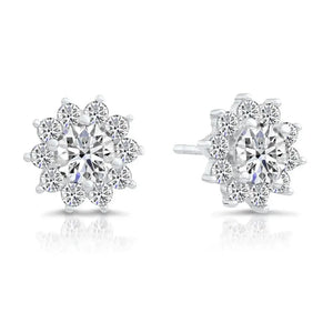 Stunning CZ Sunflower Halo Stud Earrings in Elegant Sterling Silver.