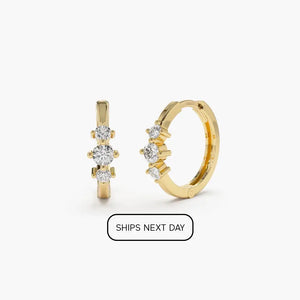 Tiny Hoop Earrings / 14K Solid Gold Three Stone Diamond Huggies / Diamond Gold Mini Hoops / Small Diamond Hoop Earrings Ferko'S Fine Jewelry