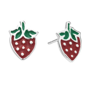 Vibrant 925 Sterling Silver Red Strawberry Enamel Stud Earrings - Pushback Closure.