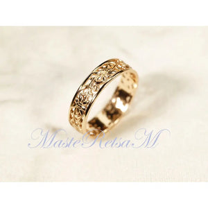 ZP160- Handmade Sterling Silver Openwork Pattern Floral Ring: 18K Gold Vermeil Vintage Band