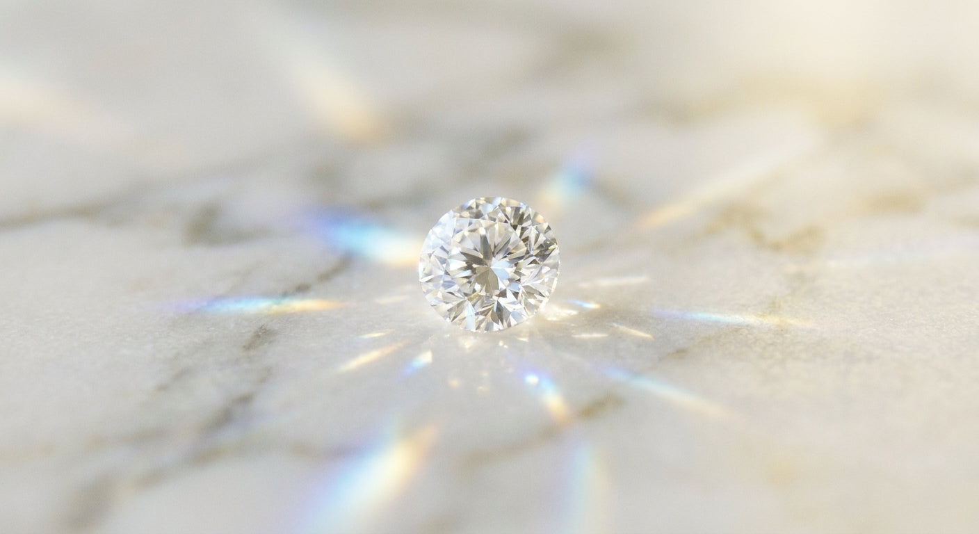 A brilliant-cut diamond gemstone resting on a white marble surface, refracting soft natural light into delicate prismatic reflections.