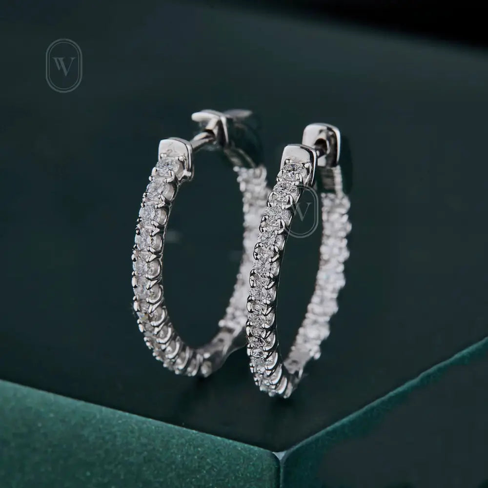 0.98 Ct. round Diamond Hoop Earrings - 14K White Gold U Shape Prong Set Diamond inside Out Hoop Earrings