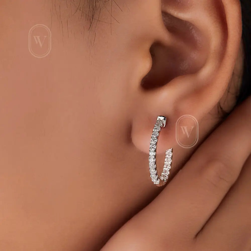 0.98 Ct. round Diamond Hoop Earrings - 14K White Gold U Shape Prong Set Diamond inside Out Hoop Earrings