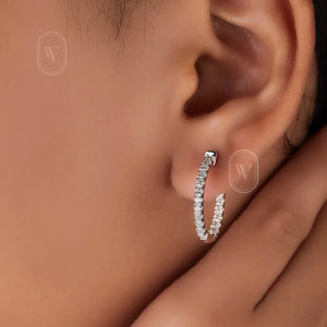 0.98 Ct. round Diamond Hoop Earrings - 14K White Gold U Shape Prong Set Diamond inside Out Hoop Earrings