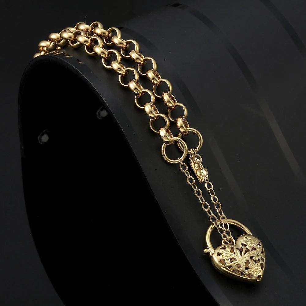 18K Solid Yellow Gold Belcher Bracelet with Filigree Heart Padlock – Elegant Women’s Jewelry.