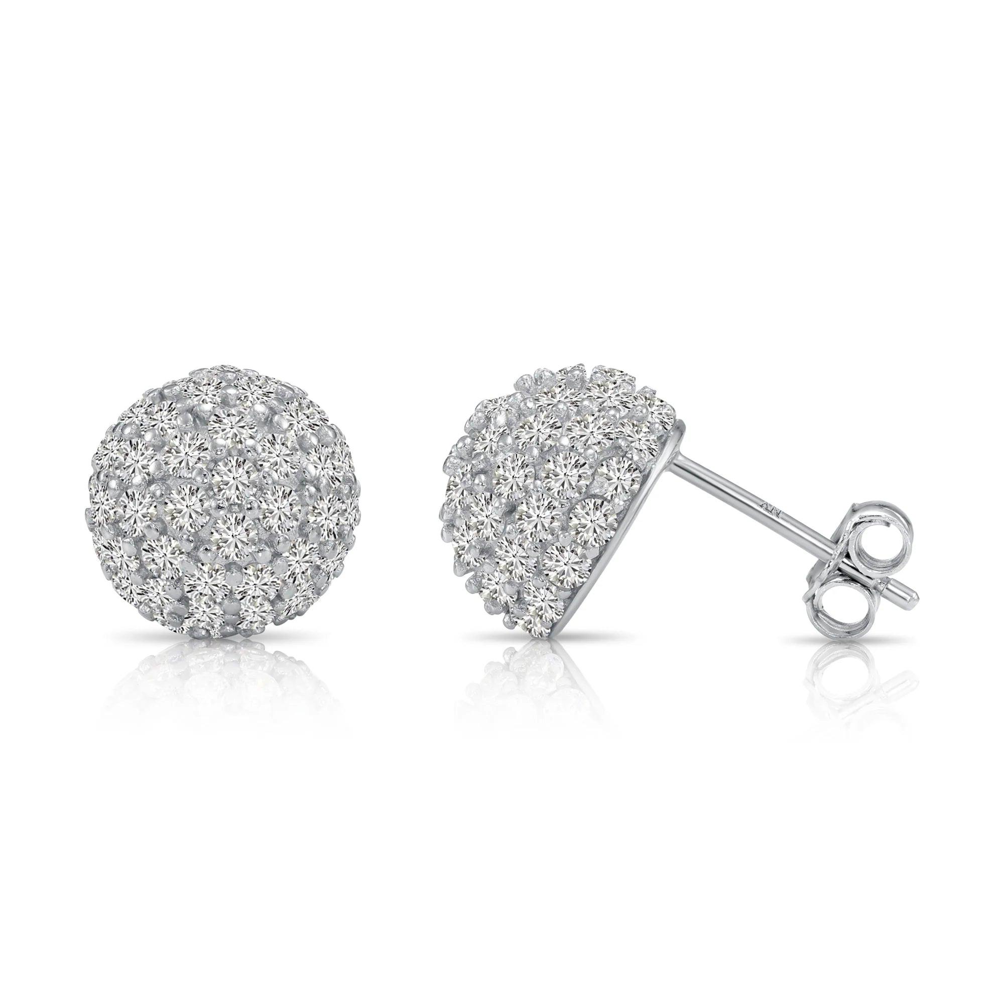 Elegant Sterling Silver Half Ball Stud Earrings with Sparkling Simulated Diamonds.