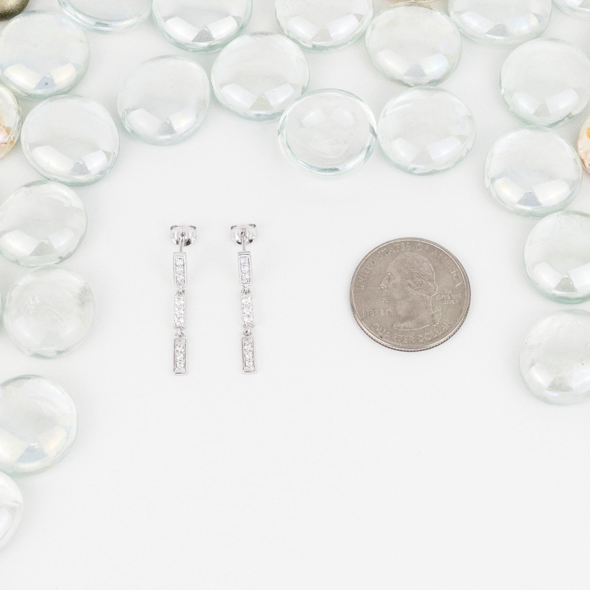 Dangle Drop Earrings, Sterling Silver, White Gold Rhodium Plating, CZ Diamonds Bar Earrings, Drop Earrings, Dangling Silver Earrings, Dainty