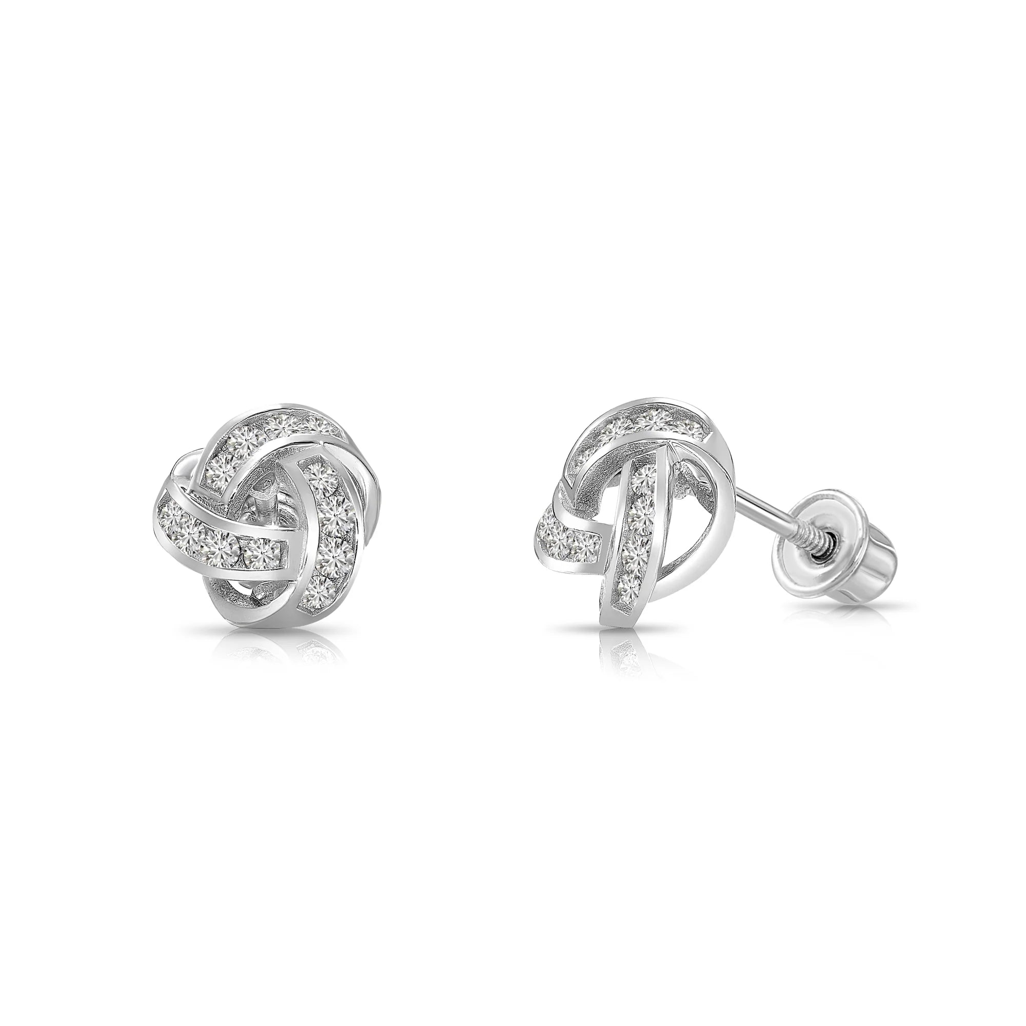 Solid 14K Gold Brilliant CZ Love Knot Twist Studs, 7Mm, with Screwbacks