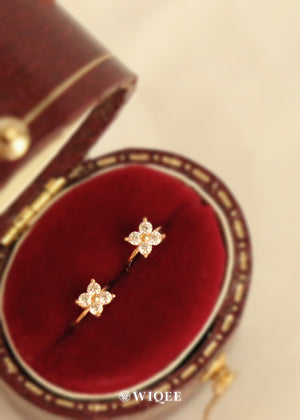 9K Solid Gold Flower Hoop Earrings, CZ Diamond Huggie Earrings