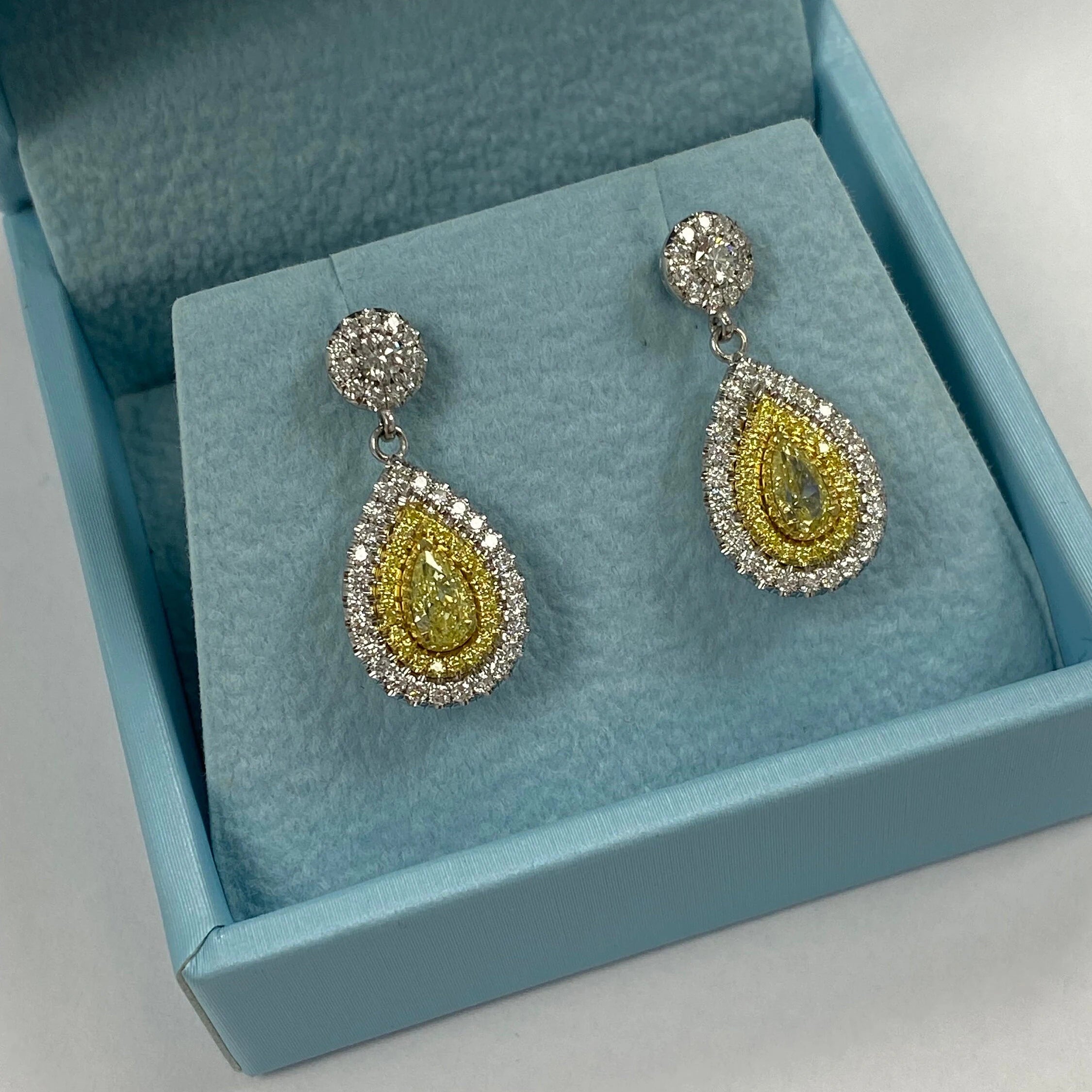 1.62Ct Fancy Yellow Pear Diamond Drop Earrings, 14K White Gold