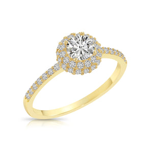 14K Yellow Gold Triple Halo Dome 1 Carat Engagement Ring with Side Stones