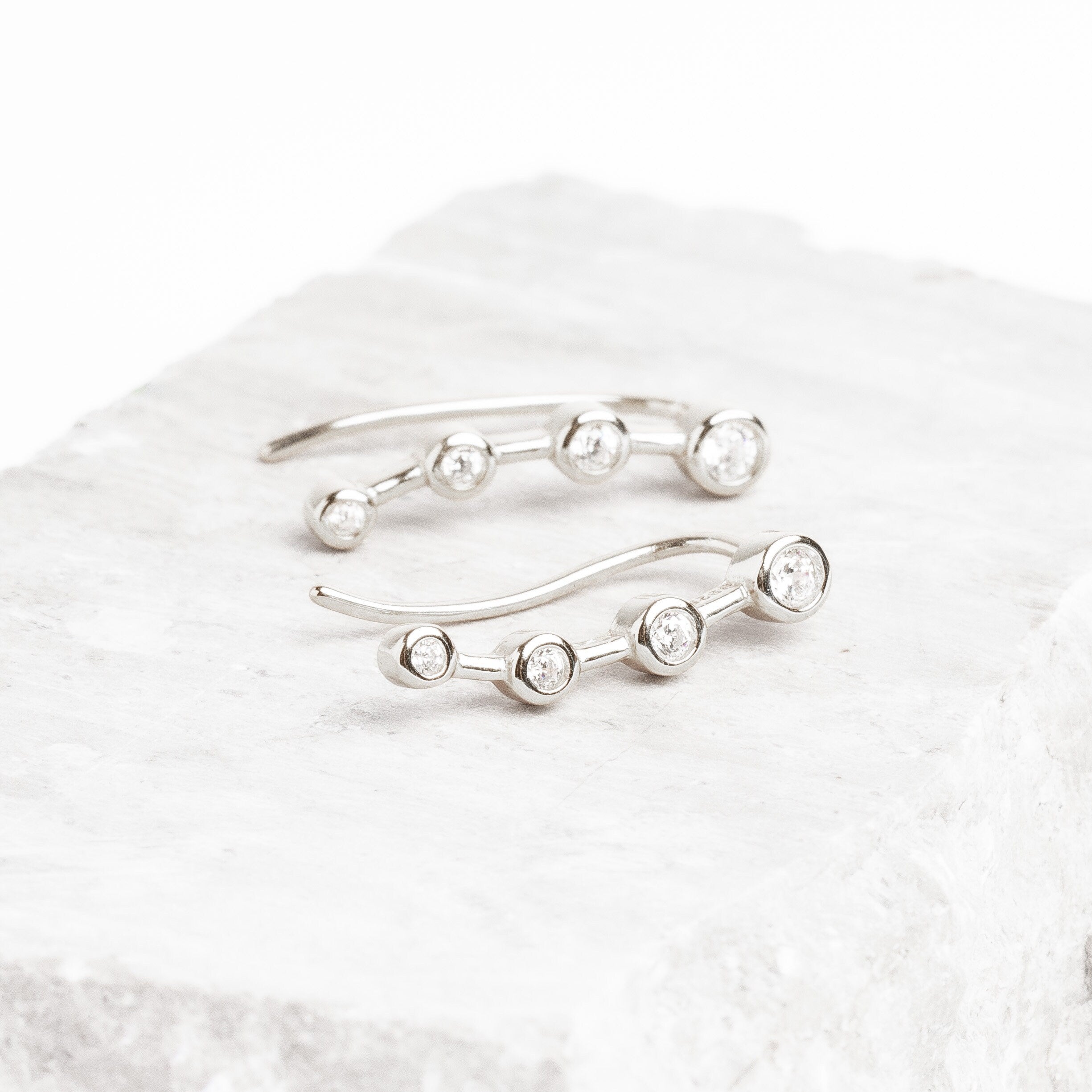 Silver Stone Ear Climber, Sterling Silver Ear Crawler, Silver Dainty Earrings, Ear Climbers, Celestial Earrings, Gifts for Her, 925 Silver