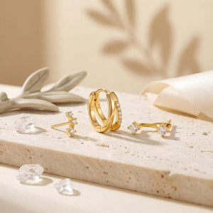 Chic 18K Gold Filled 3-Piece Earring Set - Double Layer Huggie Hoops, Crawl Studs & Front Back Solitaires for a Minimalist Look.
