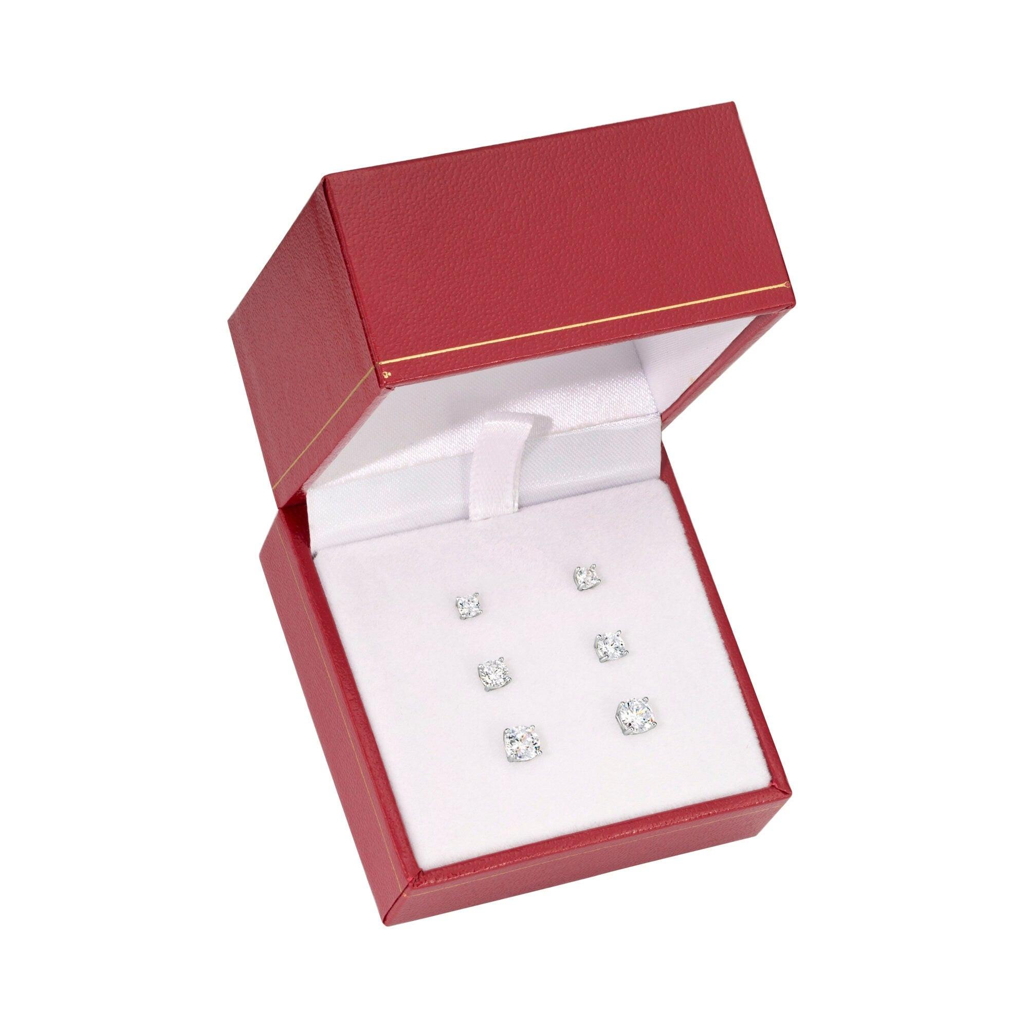Elegant Set of 3! Solid 14K Gold Square Stud Earrings with Princess Cut Cubic Zirconia - Yellow & White Gold Screw-Backs.
