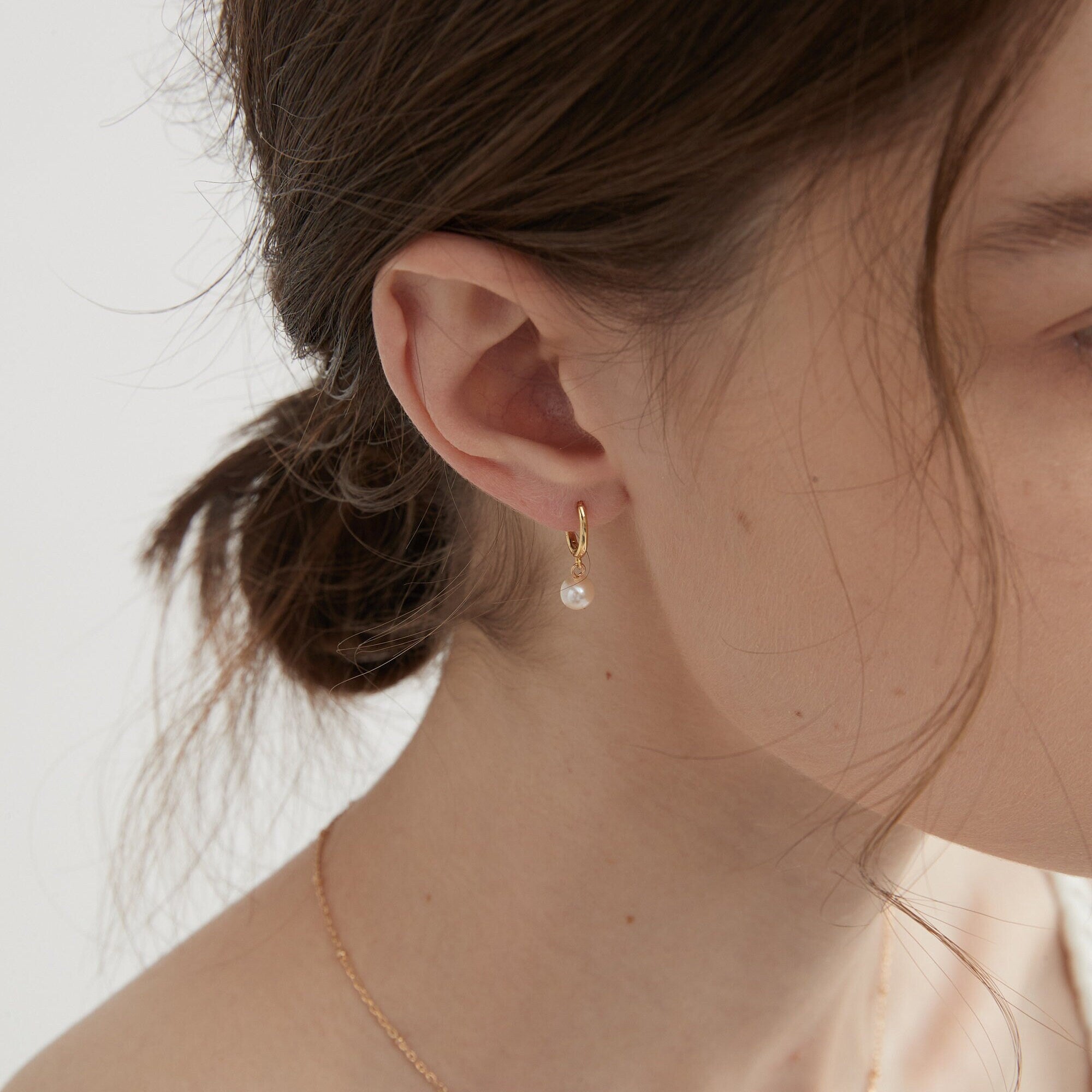Natural Freshwater Pearl Dangle Earrings, Gold Plated Real Pearl Huggie Earrings, Sliver Drop Earrings, Wedding Hoop Earring, Gift for Her