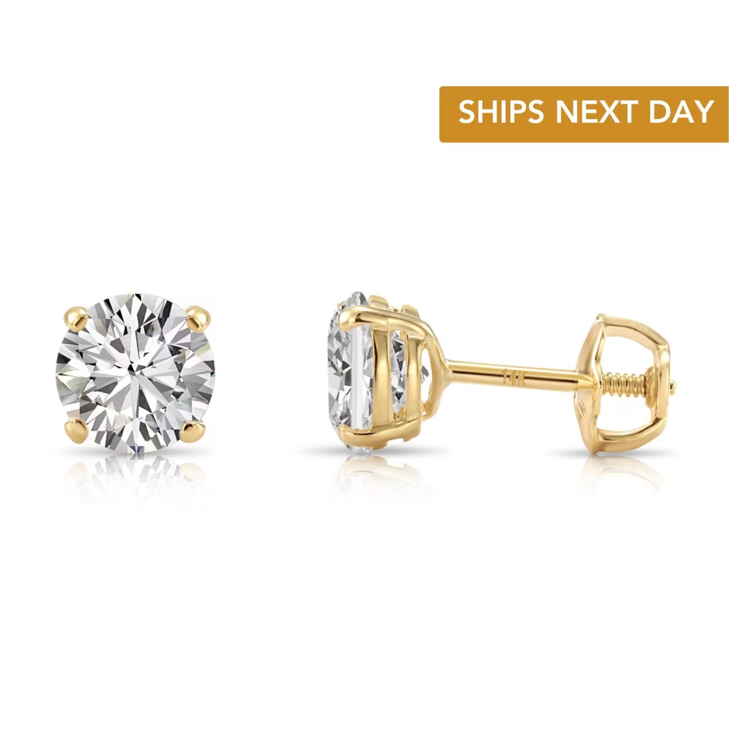 14K Yellow Gold round Simulated Diamond Stud Earrings, Brilliant CZ Studs, Basket Set, Classic Screwback Studs, Unisex, by TILO Jewelry
