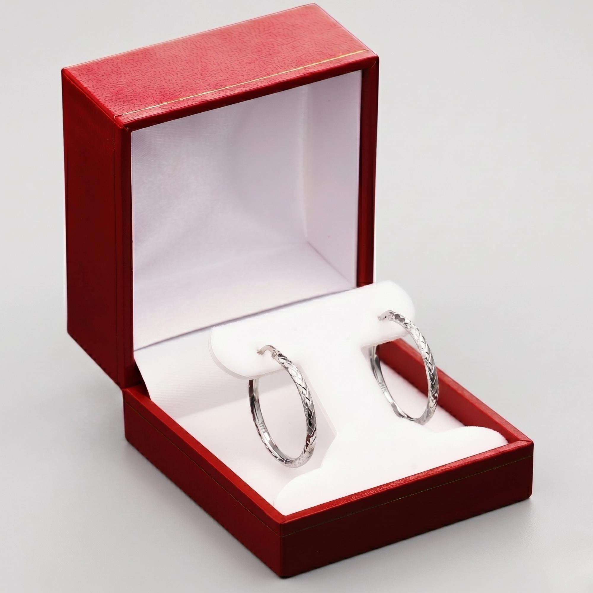 Stunning 14K White Gold Diamond-Cut Hoop Earrings - Elegant Hand-Engraved X-Pattern Available in Small, Medium, and Large Sizes.