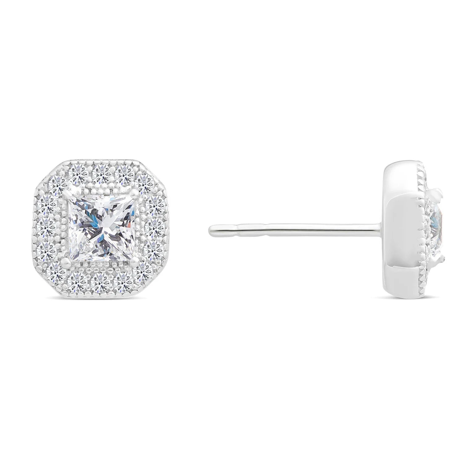 CZ Cushion Cut Halo Stud Earrings in Sterling Silver