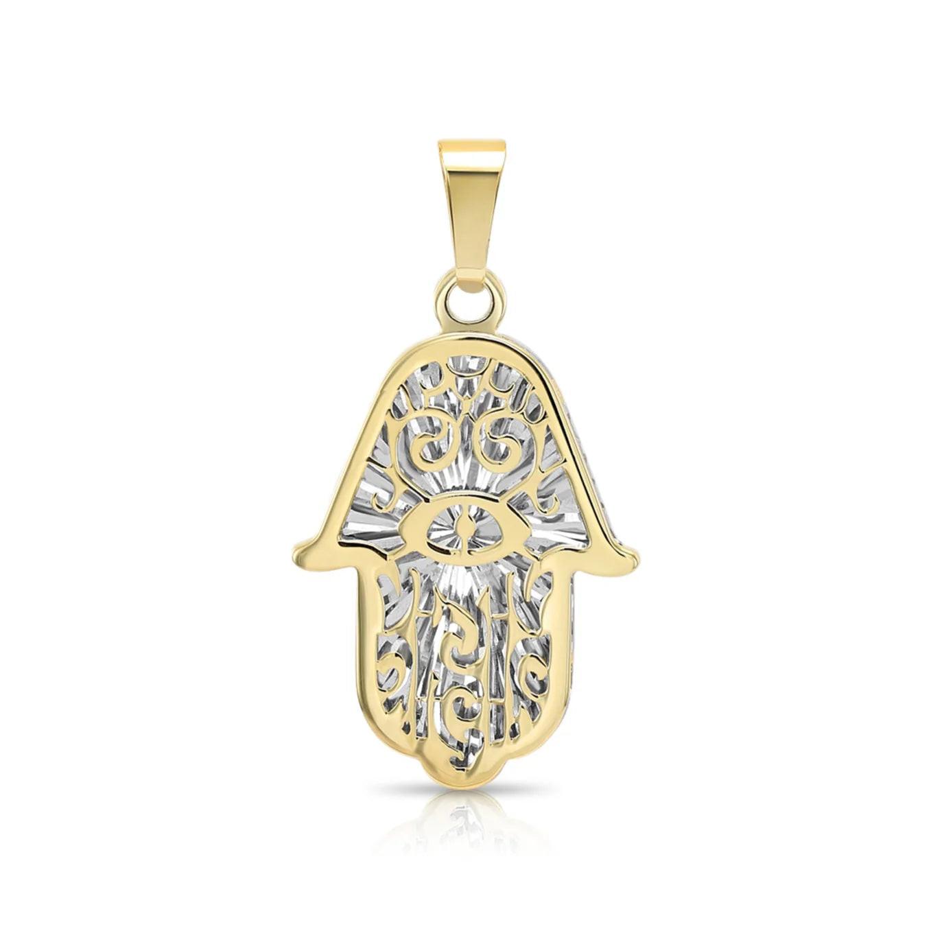 Stunning 14K Two-Tone Gold Hamsa Pendant Necklace with 18" Cable Chain.