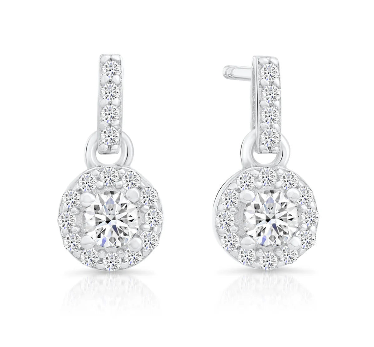 CZ Tiny round Halo Dangle Stud Earrings in Sterling Silver