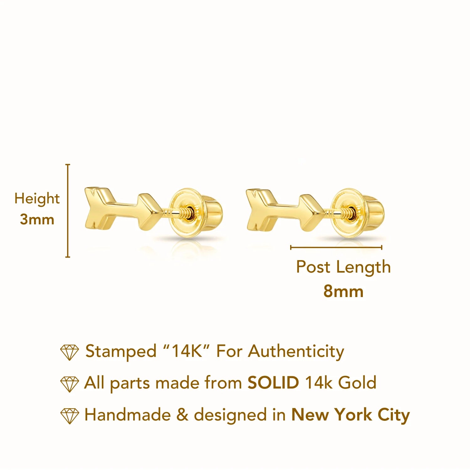 14K Solid Yellow Gold Tiny Arrow Studs, with Screw on Screwbacks