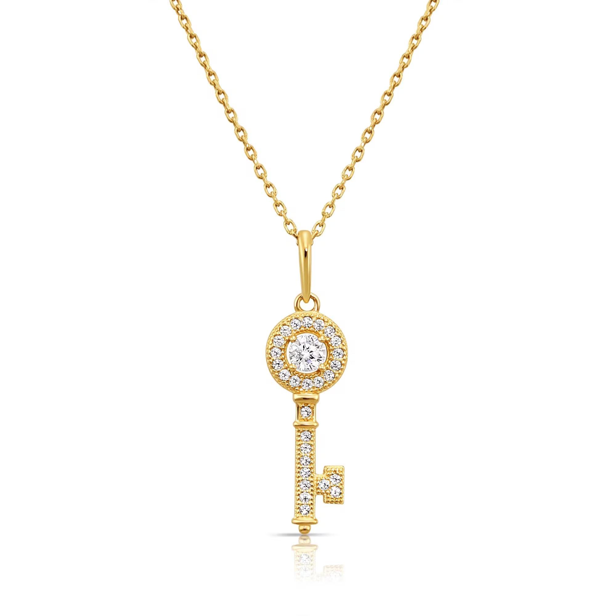 Dainty Handmade 14K Solid Yellow Gold CZ Key Pendant Necklace with Elegant Cable Chain.