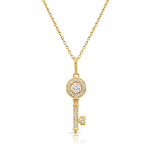 Dainty Handmade 14K Solid Yellow Gold CZ Key Pendant Necklace with Elegant Cable Chain.