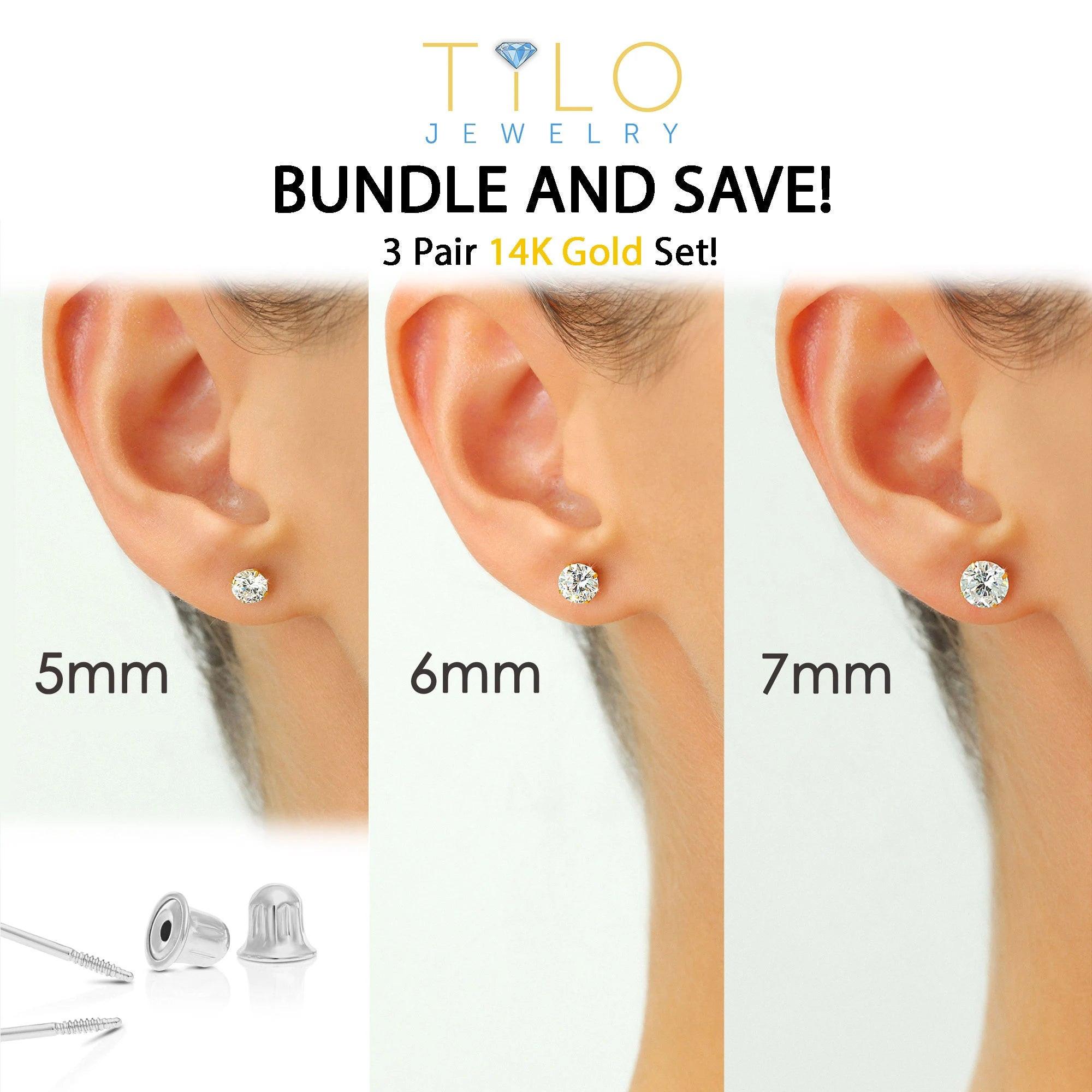 Elegant 14K Solid White Gold Screw Back Round CZ Basket Set Stud Earrings - Set of 3 Pairs.