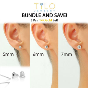 Elegant 14K Solid White Gold Screw Back Round CZ Basket Set Stud Earrings - Set of 3 Pairs.