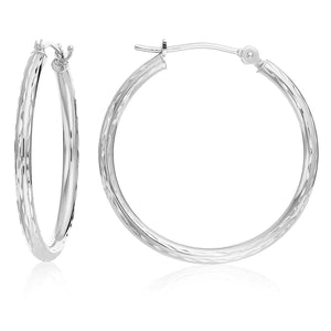 14K White Gold Classy Diamond-Cut Hoop Earrings, Hand Engraved Special Quality Hoops, Made in the USA, by TILO Jewelry