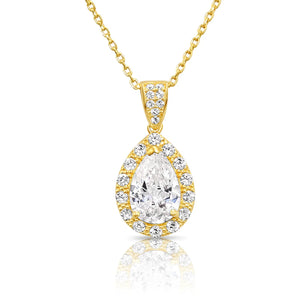 14K Yellow Gold Pear Pendant Necklace, Teardrop Halo CZ Pendant