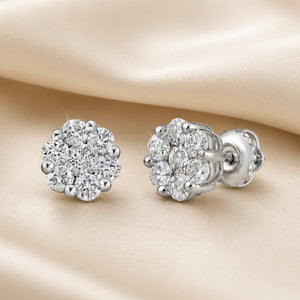14K White Gold Diamond Cluster Stud Earring with Screw-Back, 1.00 Carats
