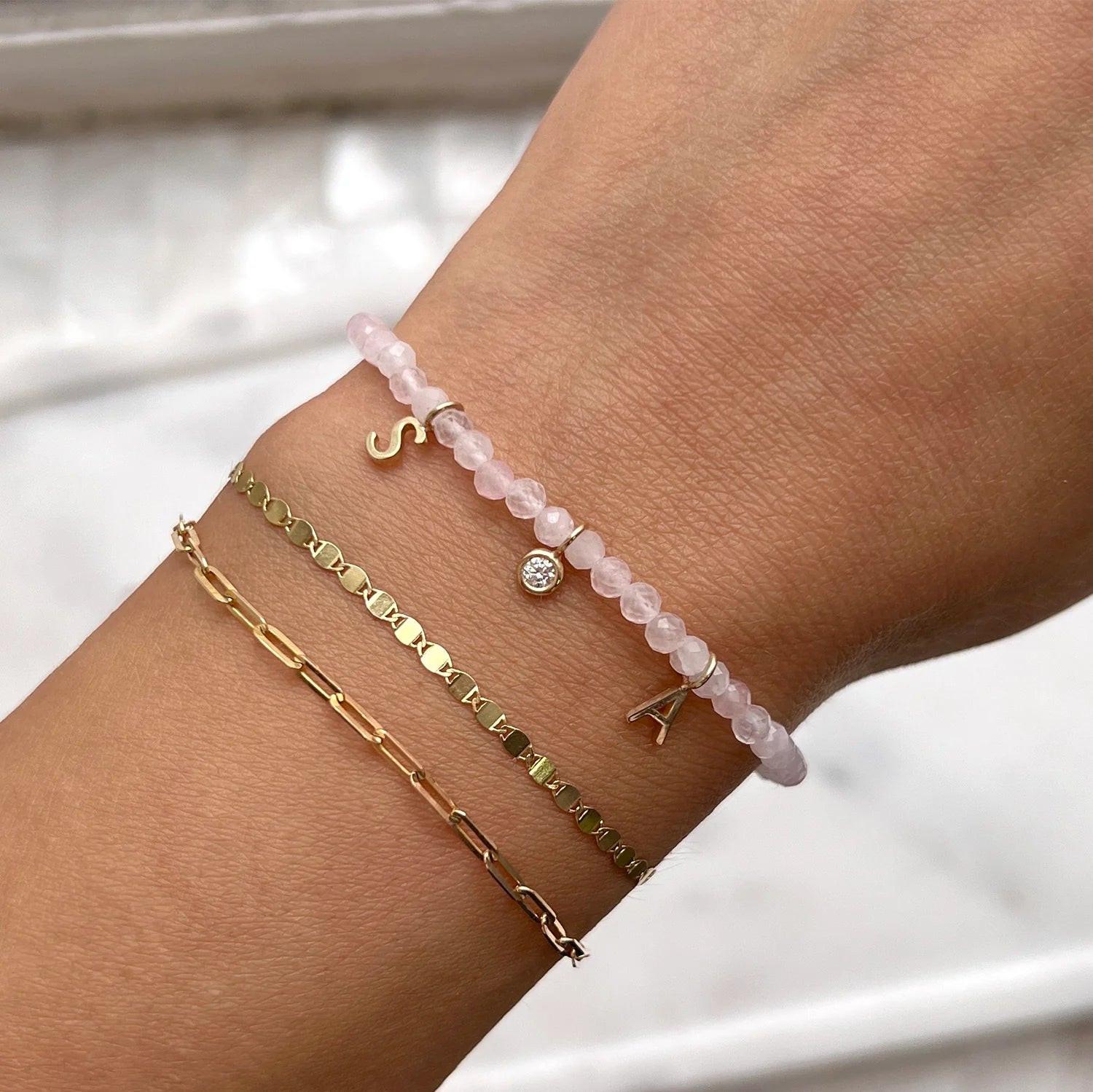 Elegant Rose Quartz Charm Bracelet with 14K Solid Gold Beads.