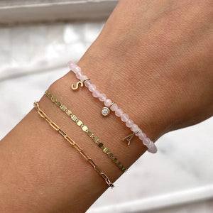 Elegant Rose Quartz Charm Bracelet with 14K Solid Gold Beads.