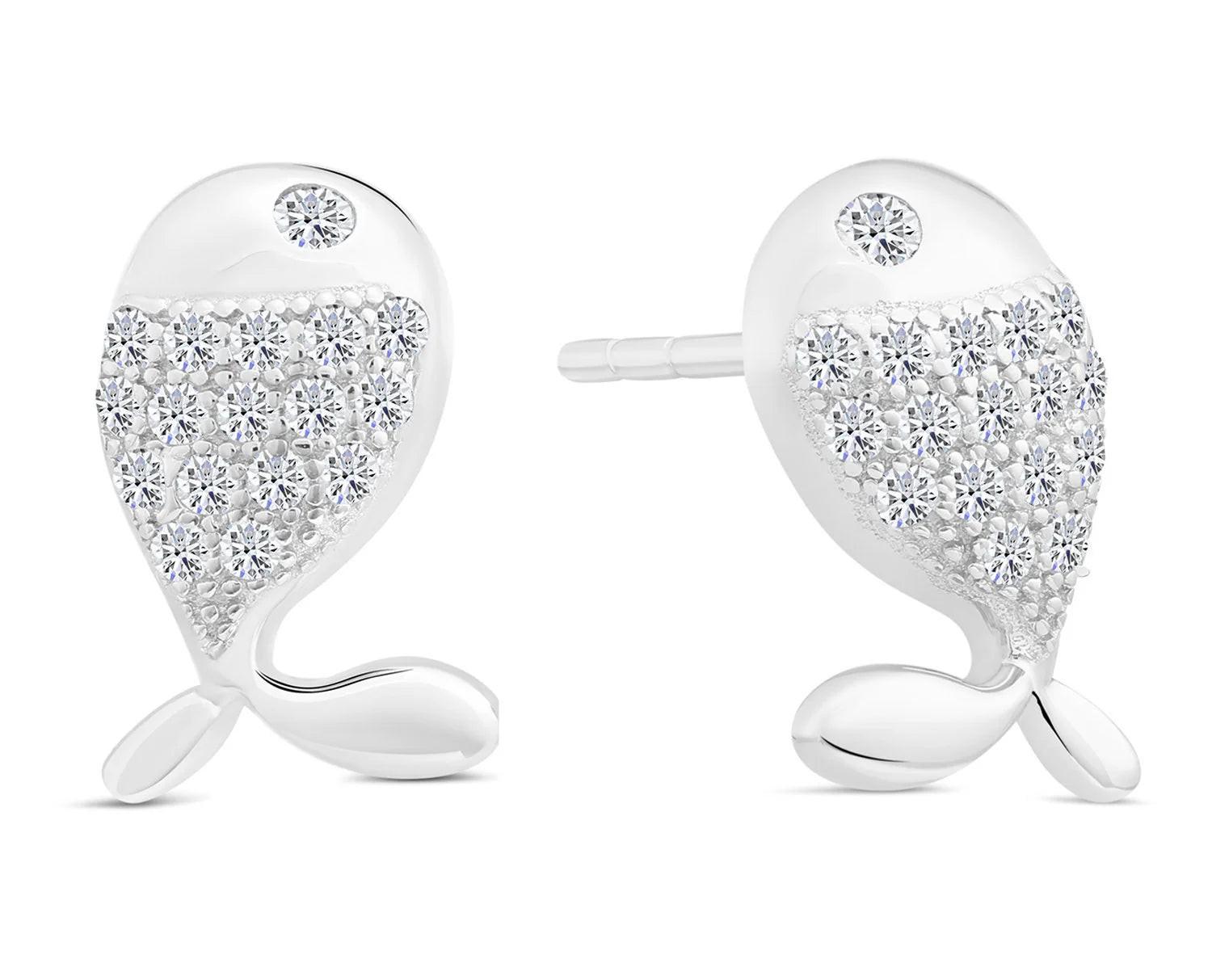 Charming Sterling Silver Whale CZ Fish Stud Earrings.