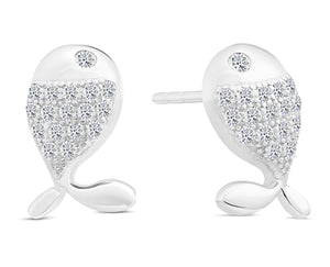Charming Sterling Silver Whale CZ Fish Stud Earrings.