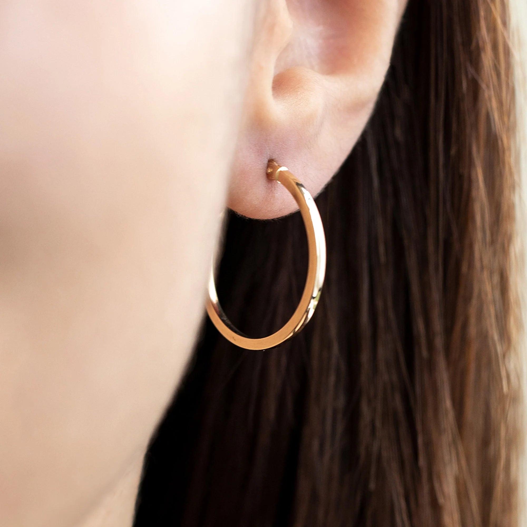 14K Gold Dainty Hoop Earrings - 34mm Large Real Gold Hoops for Women.