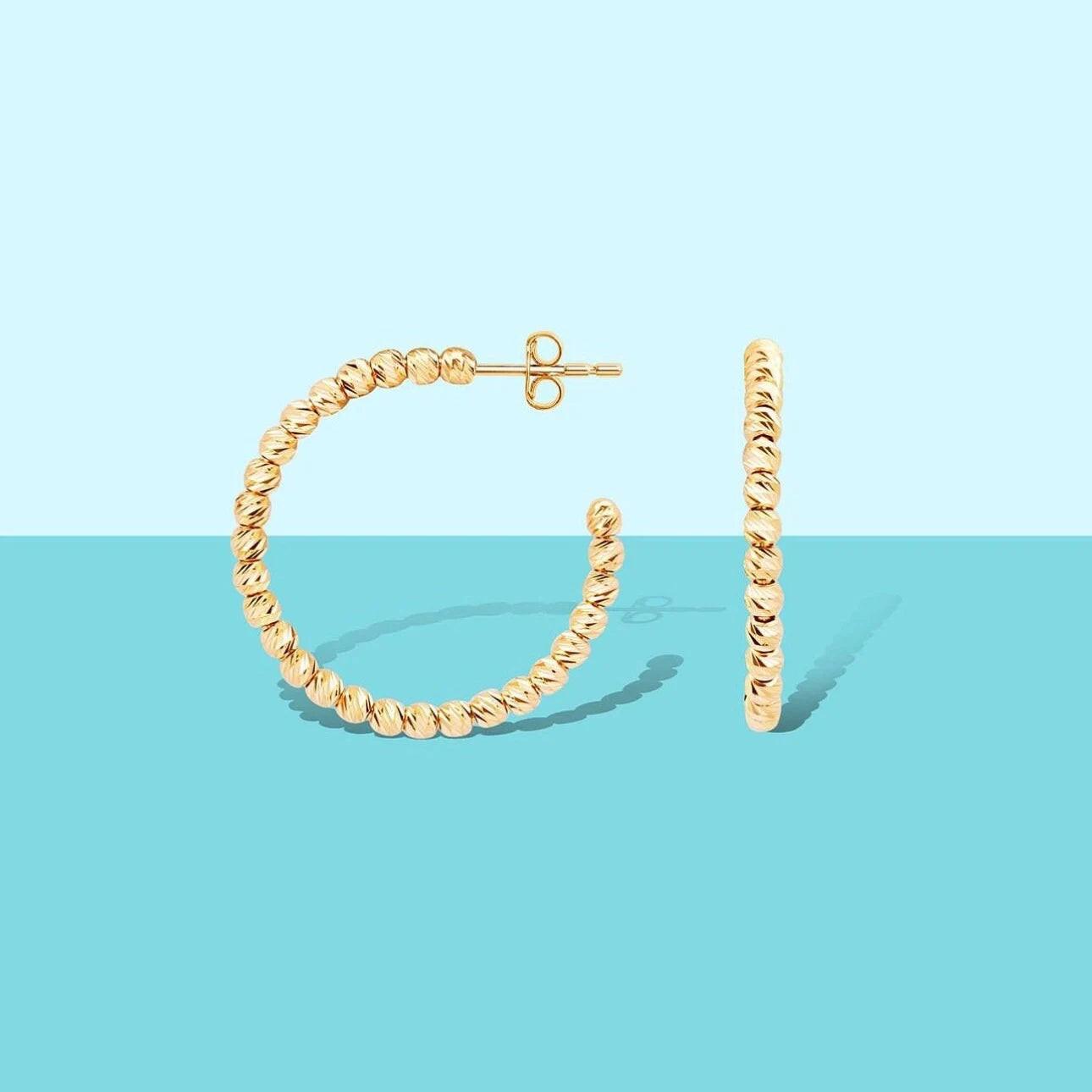 Elegant 14K Italian Gold Dainty Hoop Earrings with Beads.
