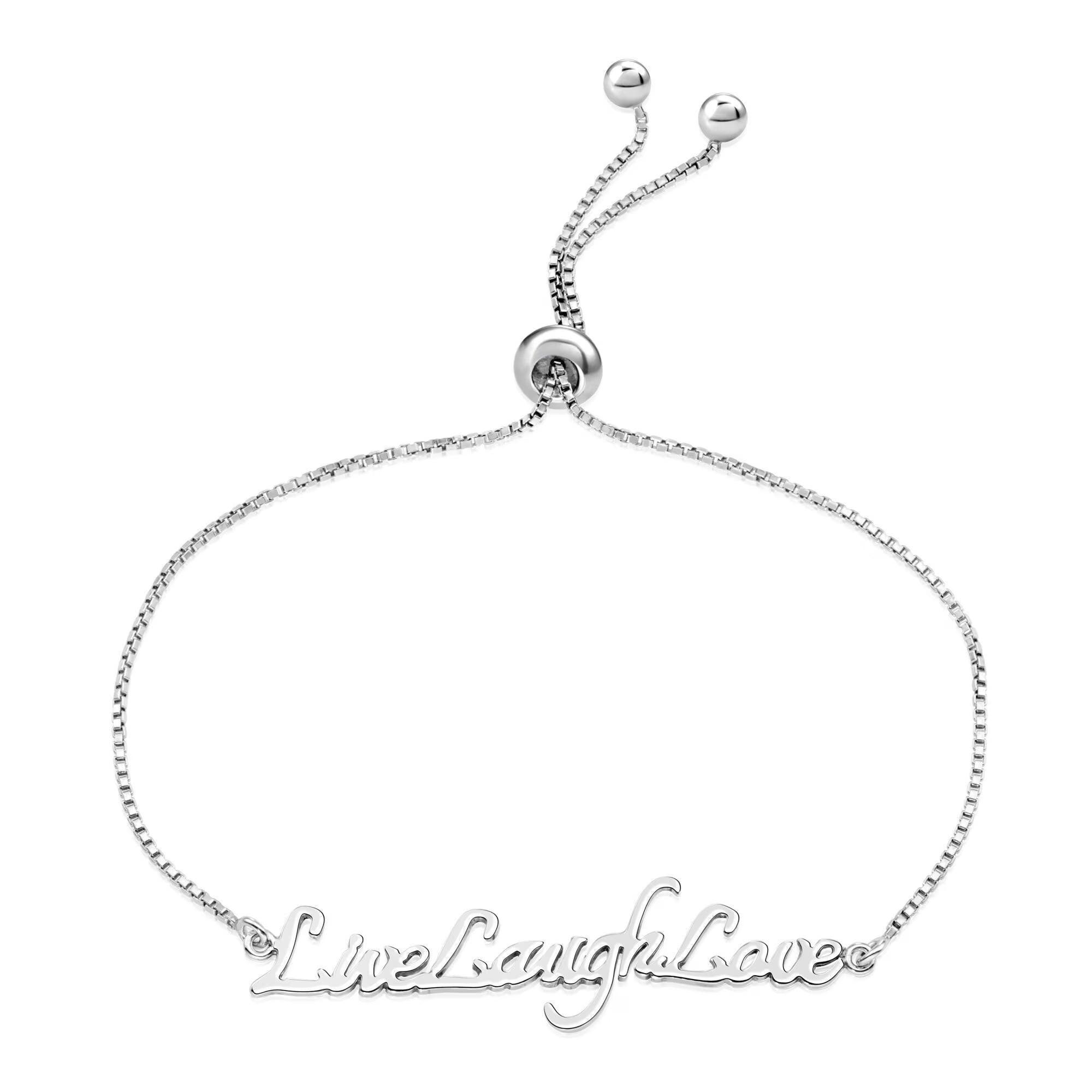 Live Laugh Love Adjustable Sterling Silver Bracelet - Handmade 925 Solid Silver Box Chain Jewelry.