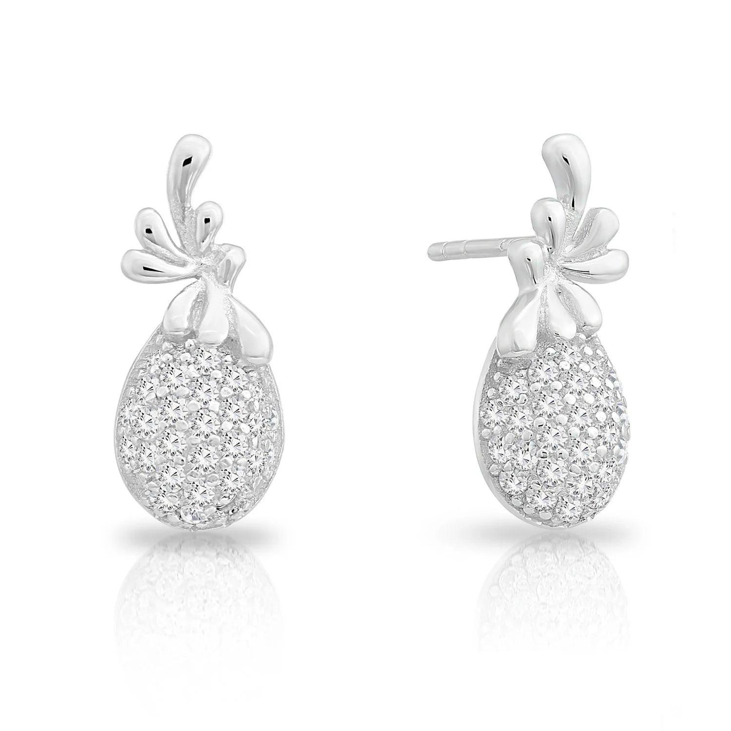 Sterling Silver Pineapple Stud Earrings with CZ - Tropical Fruit Charm.