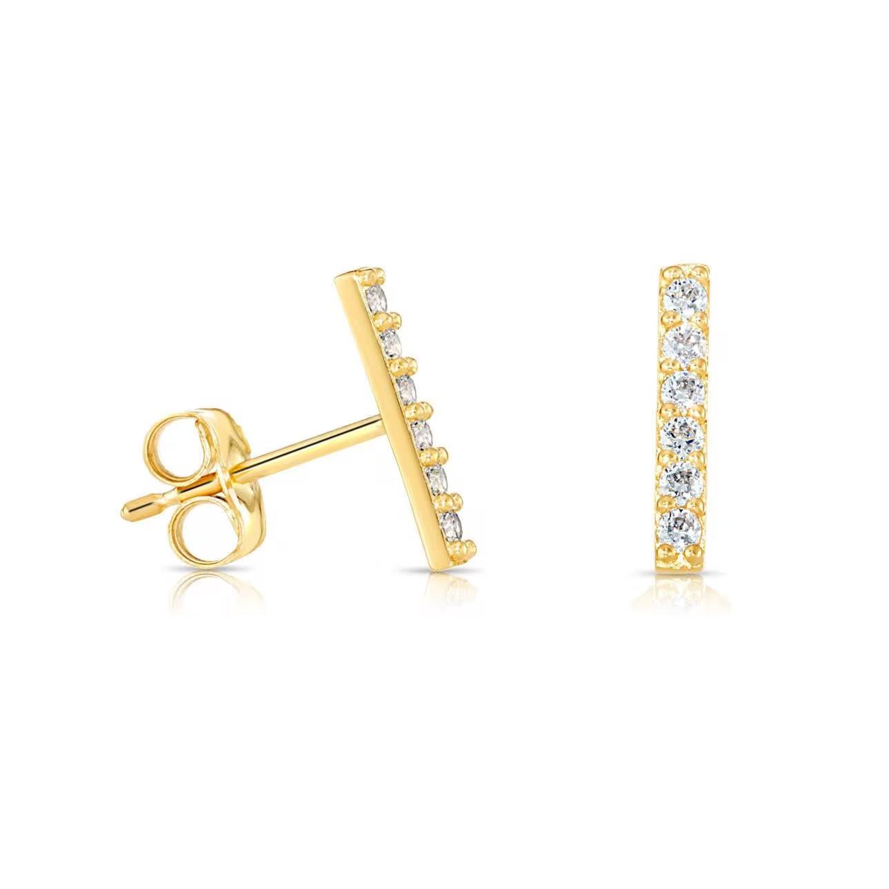 Elegant 14K Solid Gold Minimalist Cubic Zirconia Bar Stud Earrings - Petite and Dainty Design.
