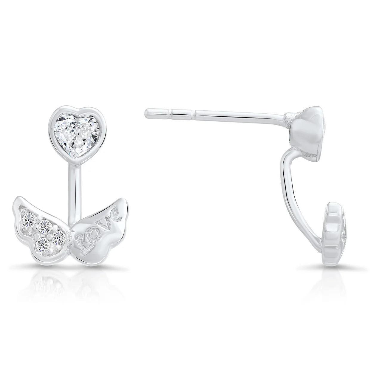 Stunning CZ Angel Wing Love Stud Earrings in Elegant Sterling Silver.