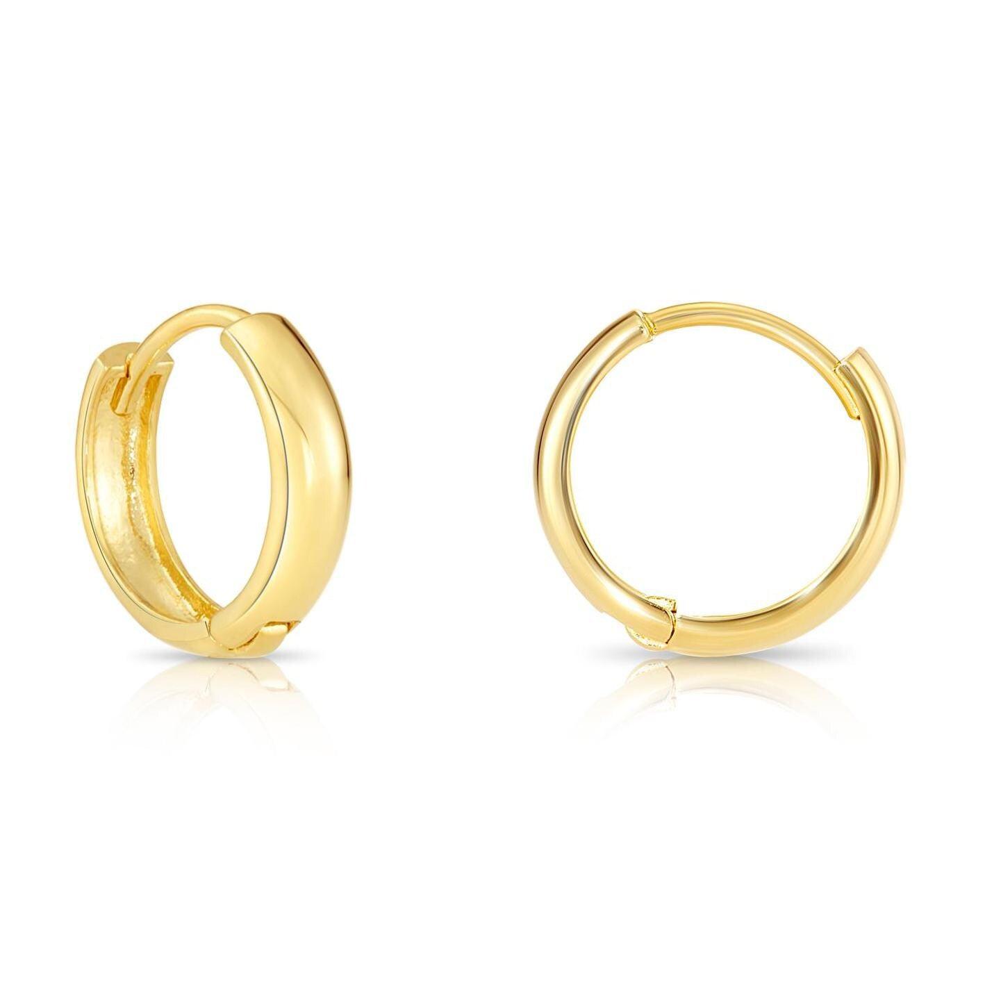 Elegant 14K Yellow Gold Handmade Small 12mm Shiny Huggie Hoop Earrings.