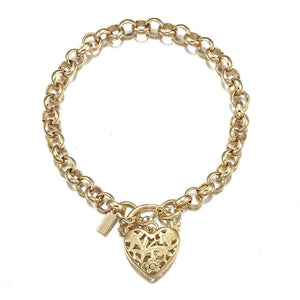 18K Solid Yellow Gold Belcher Bracelet with Filigree Heart Padlock – Elegant Women’s Jewelry.