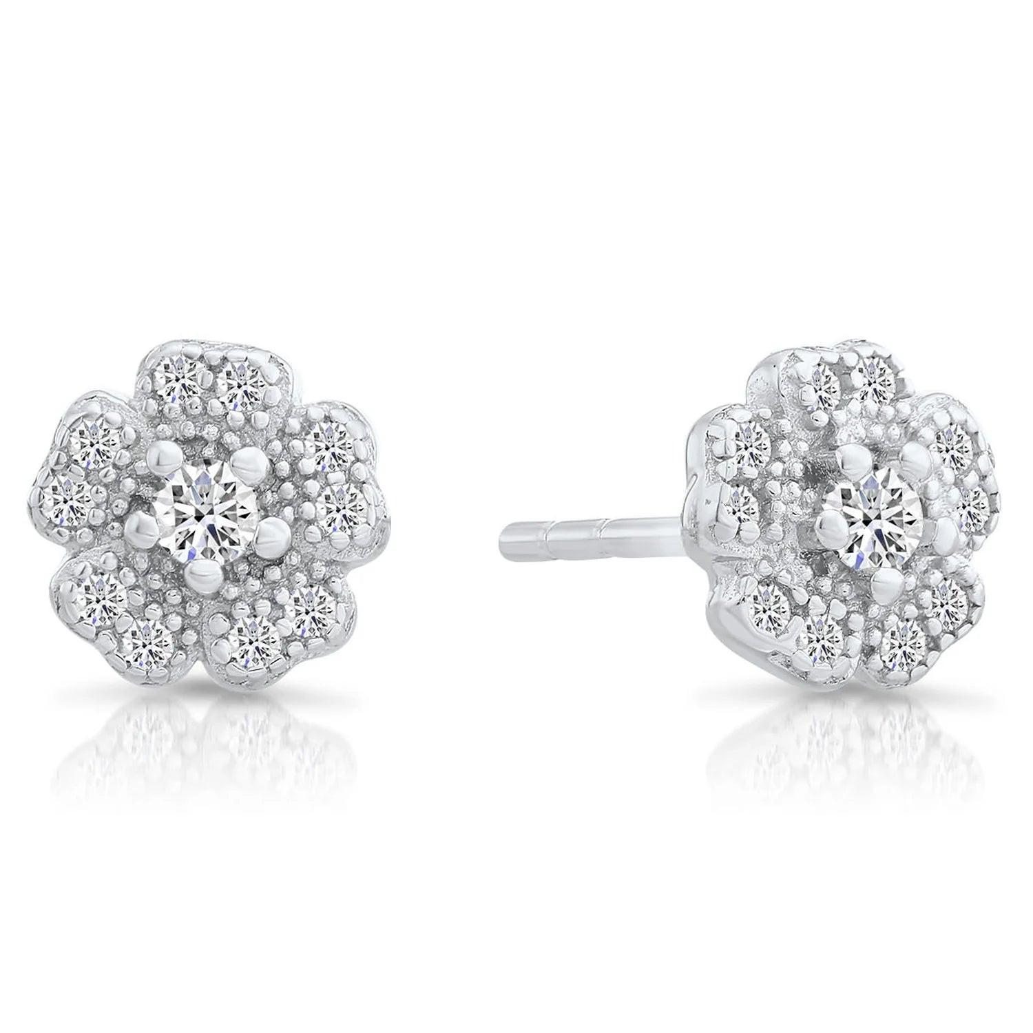 Elegant CZ Flower Stud Earrings in Sterling Silver - Timeless Sparkle for Any Occasion.
