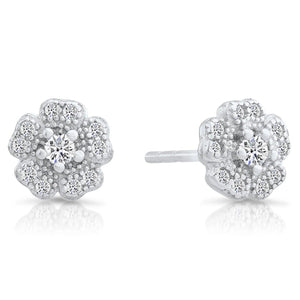 Elegant CZ Flower Stud Earrings in Sterling Silver - Timeless Sparkle for Any Occasion.