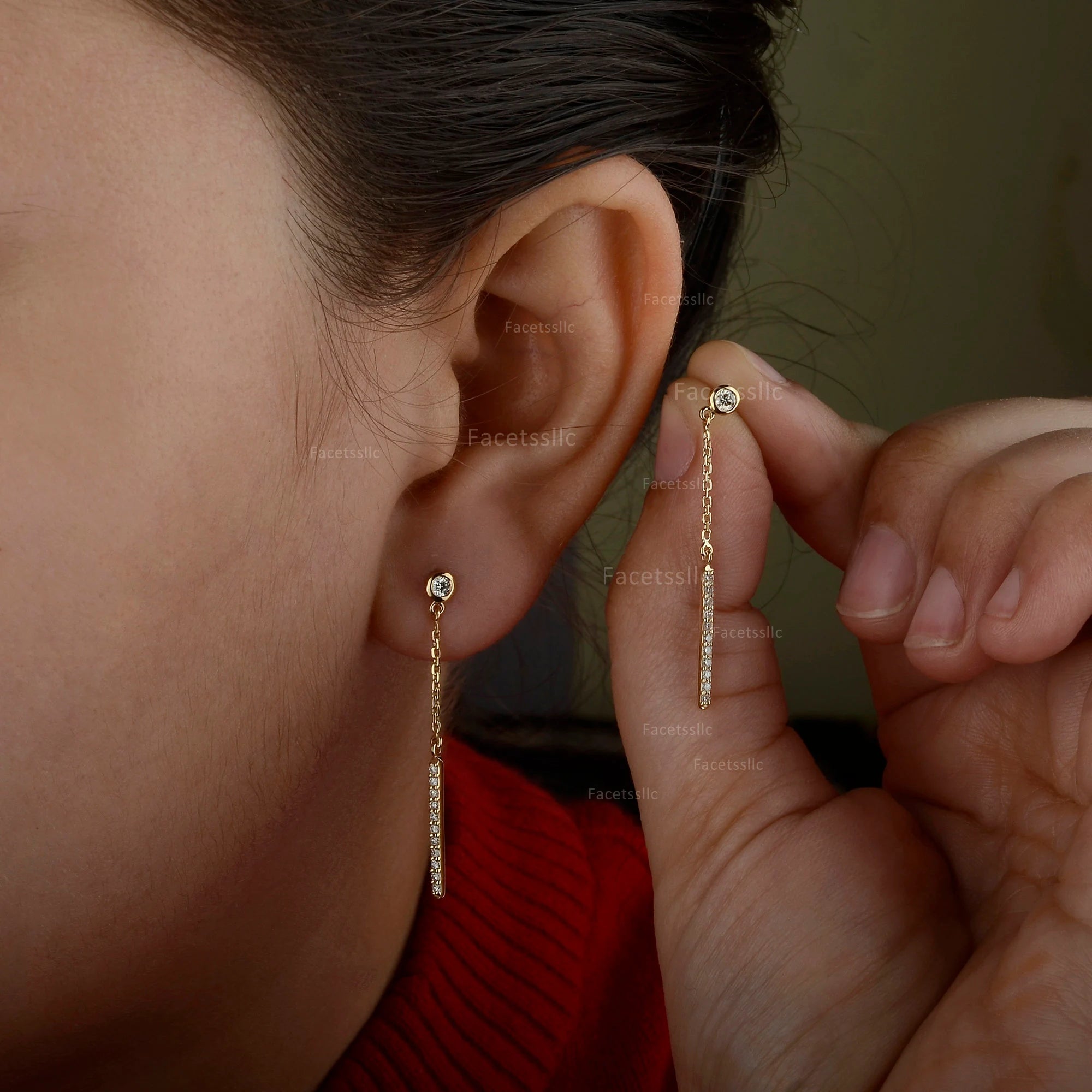 14K Yellow Gold Diamond Bar Drop Earrings: Minimalist Fine Jewelry